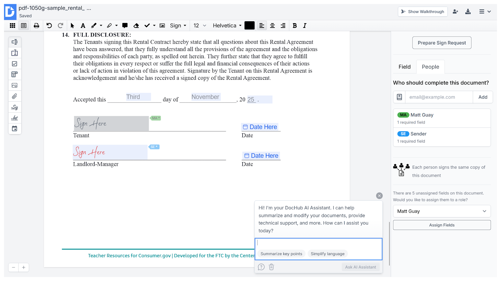 DocHub interface showing an example rental contract