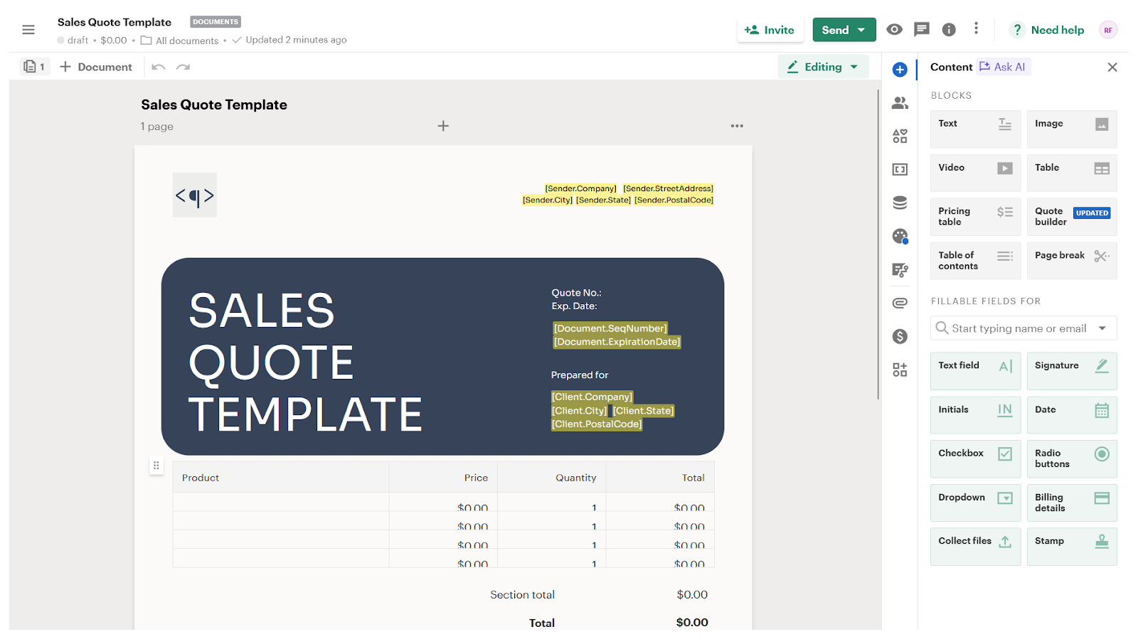 PandaDoc interface showing an example sales quote template