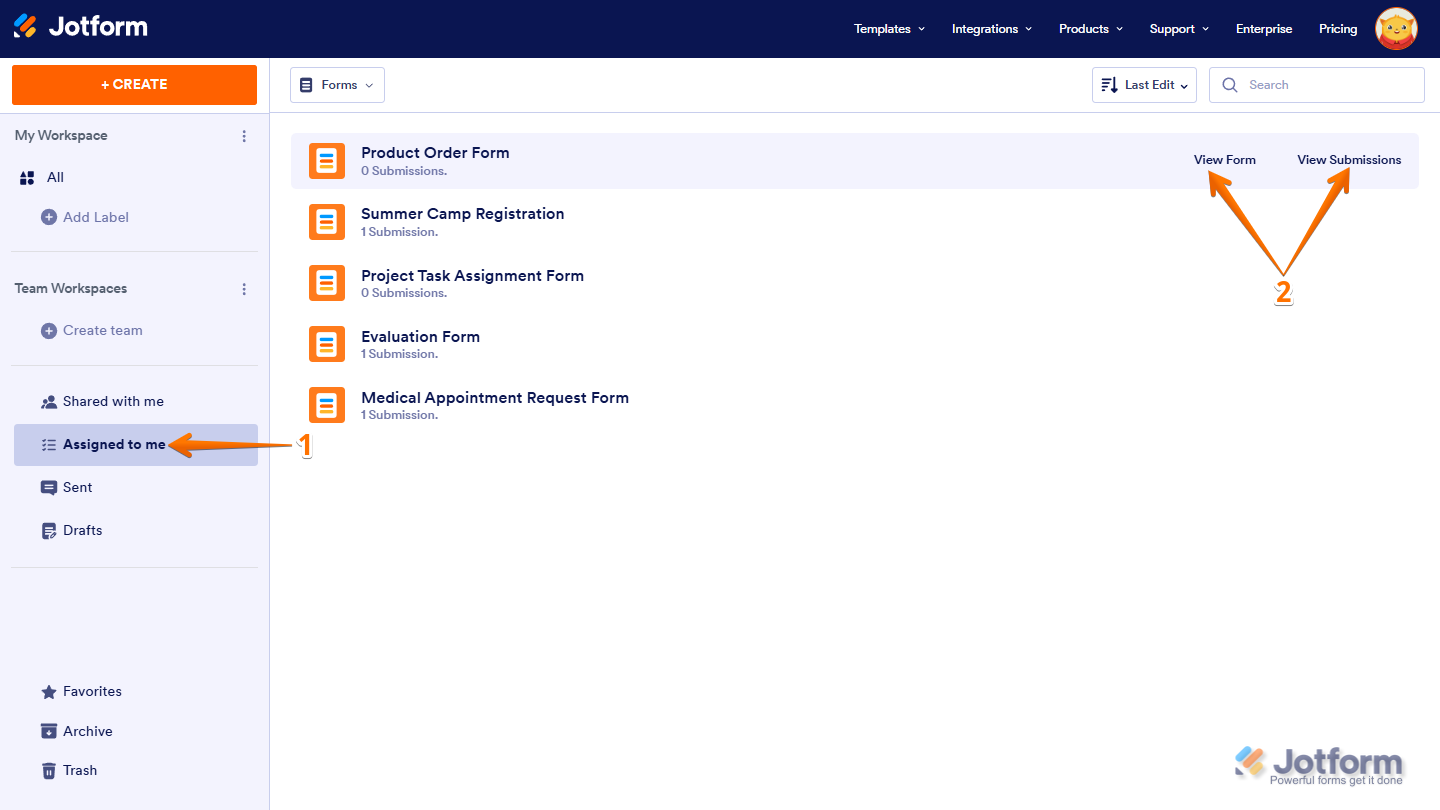 Assigned to Me section in Jotform Workspace showing a list of forms with options to View Form and View Submissions