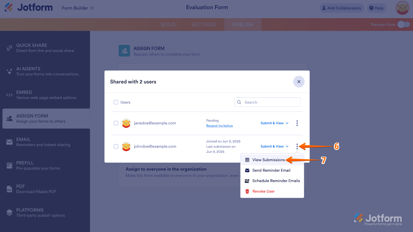 Assign to Users menu showing the Three Dots icon next to an assignee with View Submissions selected from the dropdown