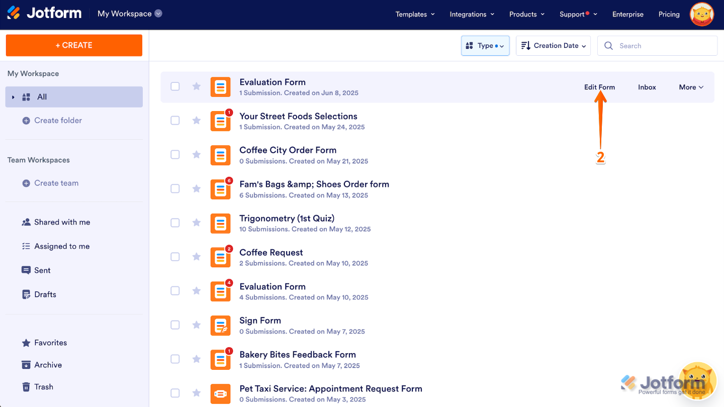 Workspace showing a form card with the Edit Form button visible on the right side