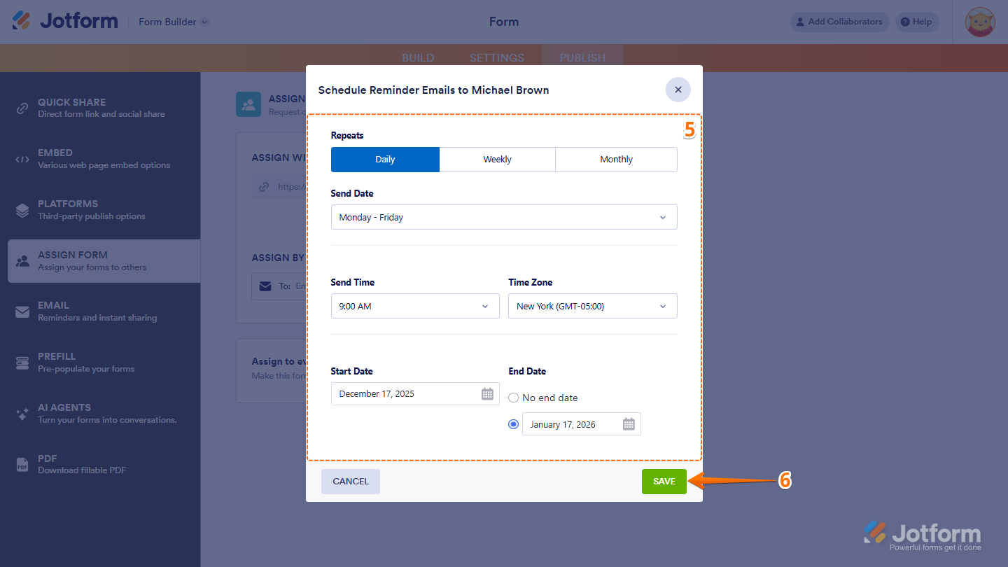 Configure reminder email schedule settings for assignees in Jotform