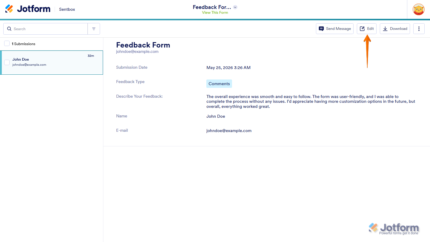 Assignee Sentbox showing Edit button for submissions with Submit & Edit Later permission in Jotform