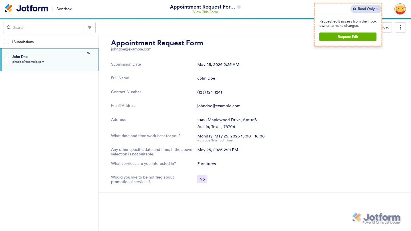 Assignee Sentbox showing Read Only mode with Request Edit option in Jotform