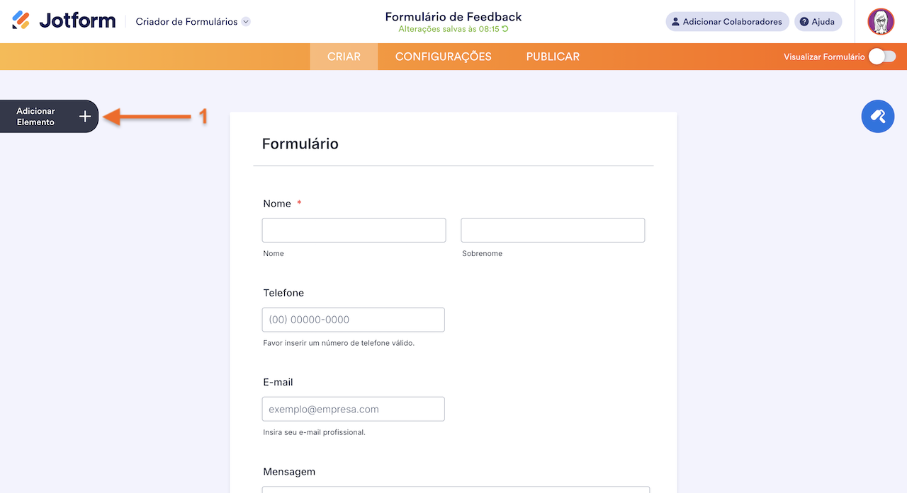 Clicando em Adicionar Elemento