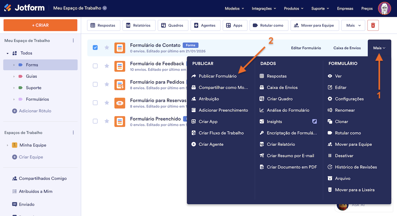 Publicar Formulário no Menu Mais
