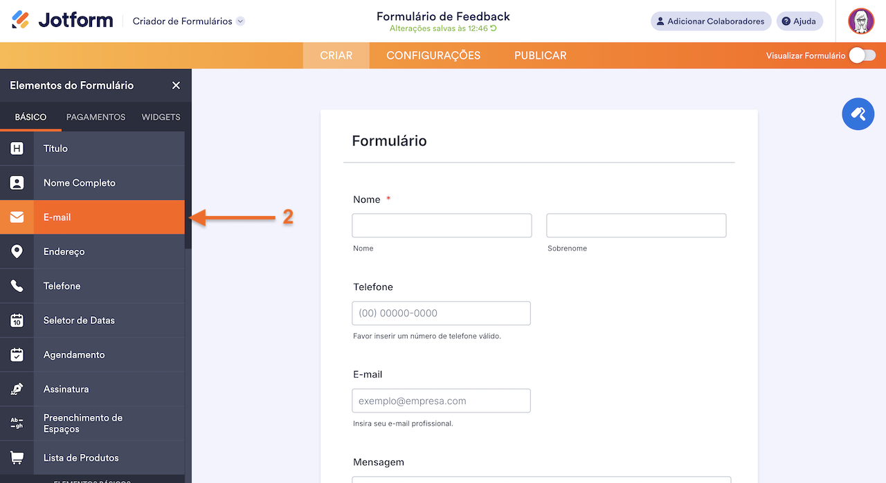 Adicionando Elemento E-mail