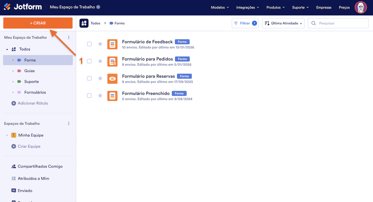 Clicando em Criar na Página Meu Espaço de Trabalho