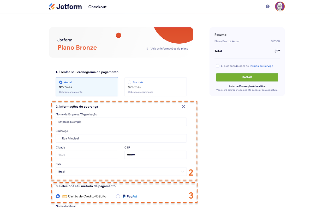 Checkout da assinatura Jotform - Período e dados de cobrança