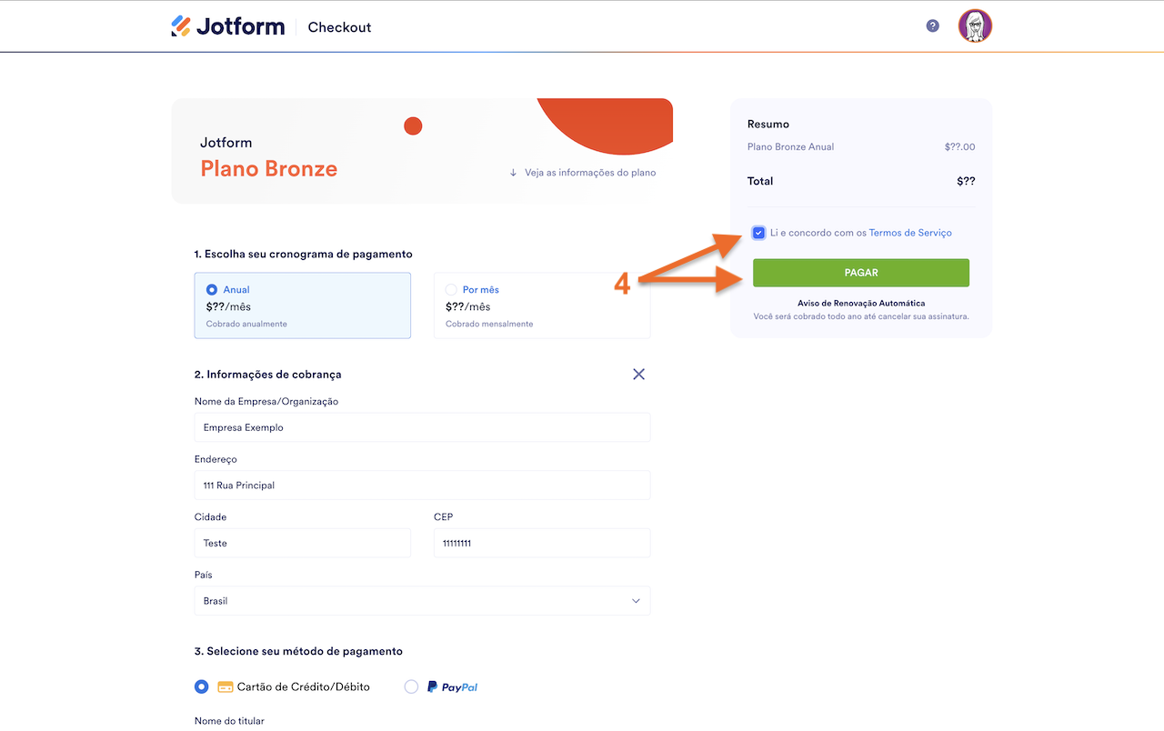 Checkout da assinatura Jotform