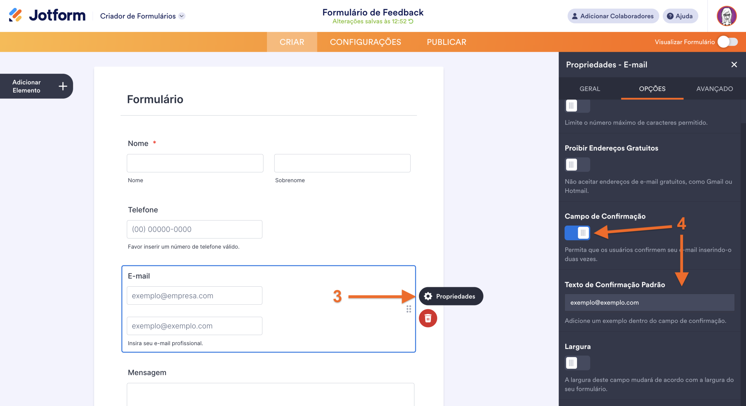 Configurando Campo de Confirmação do E-mail