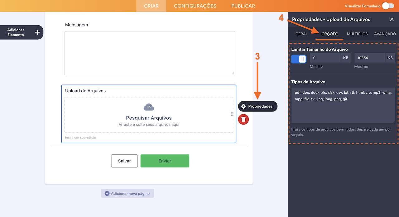 Propriedades do Upload de Arquivos