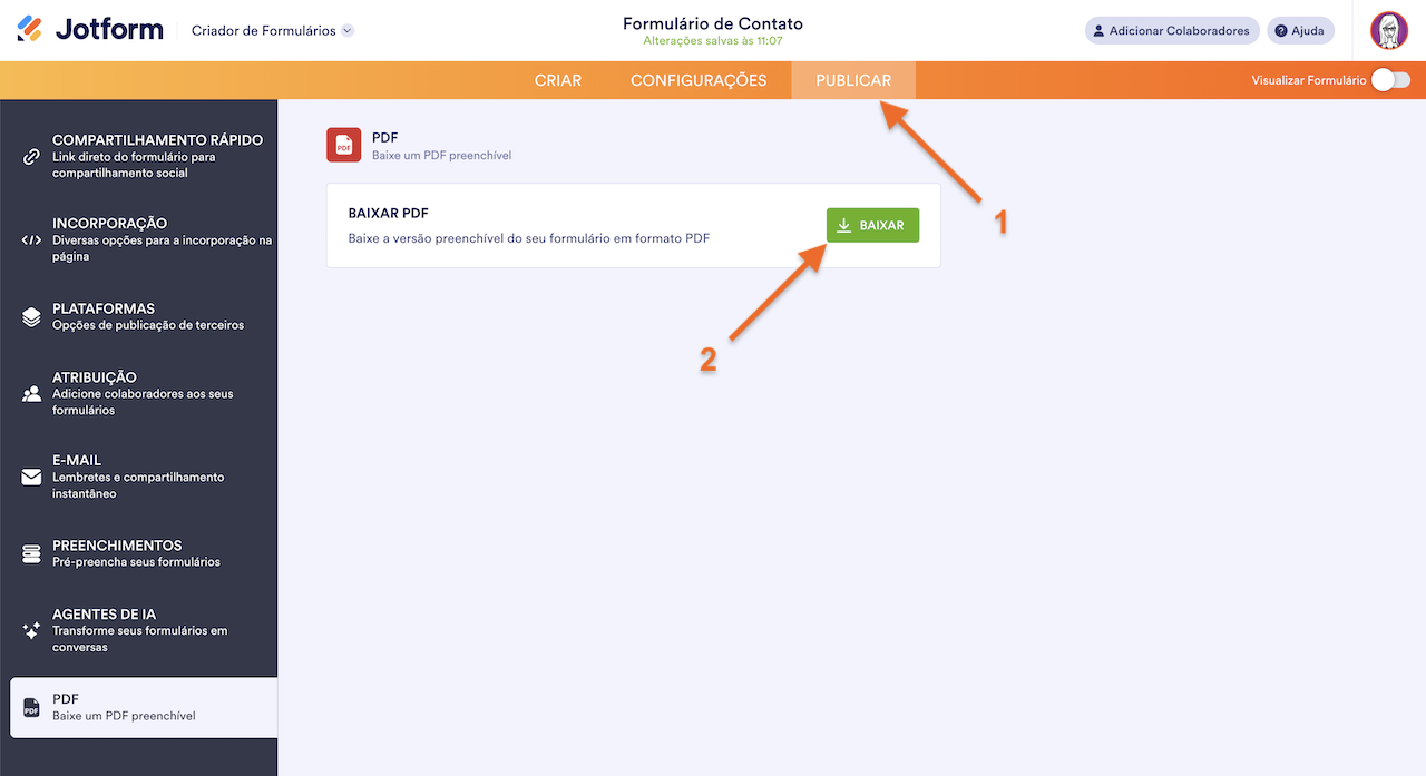 Acessando Baixar PDF no Criador de Formulários