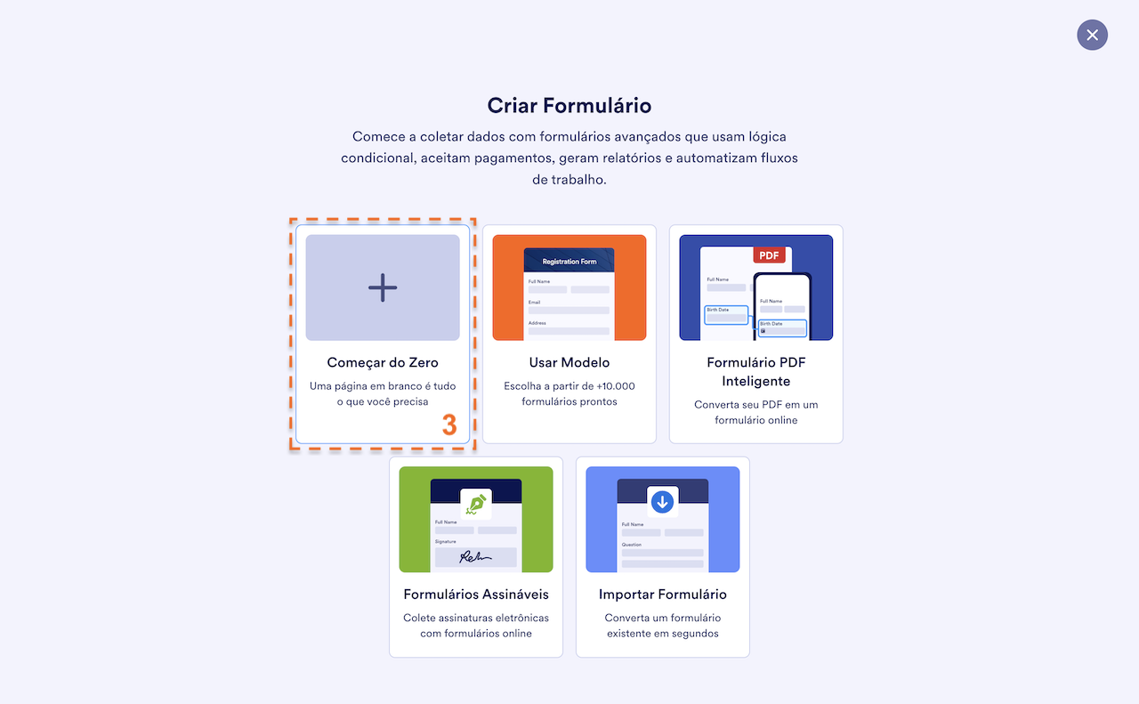 Clicando em Começar do Zero