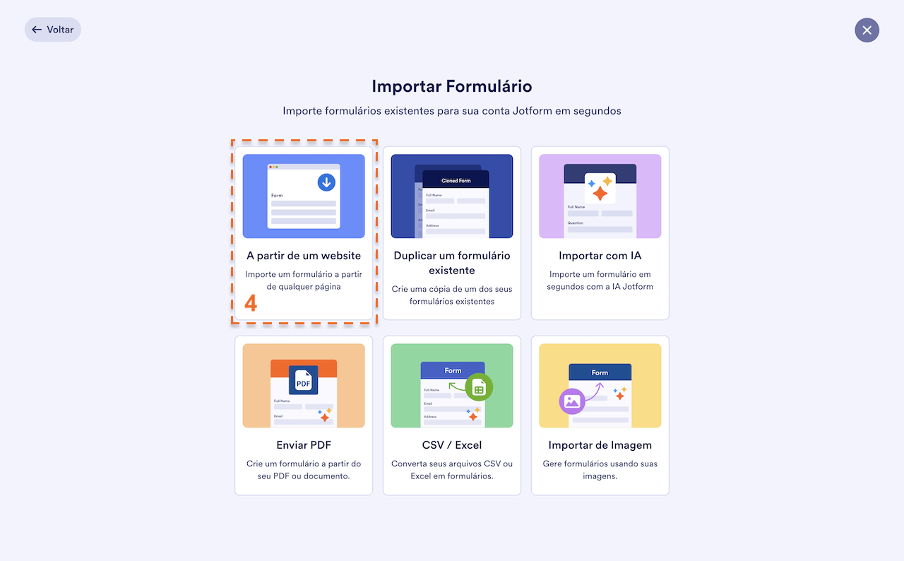Escolhendo 'A partir de um website'