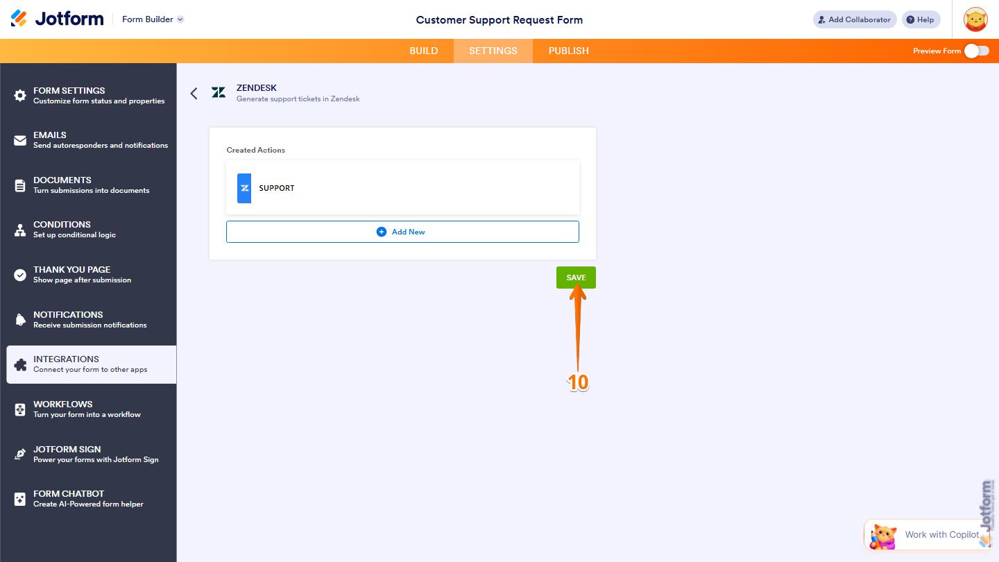 Created Actions page showing Save button at the bottom in Jotform