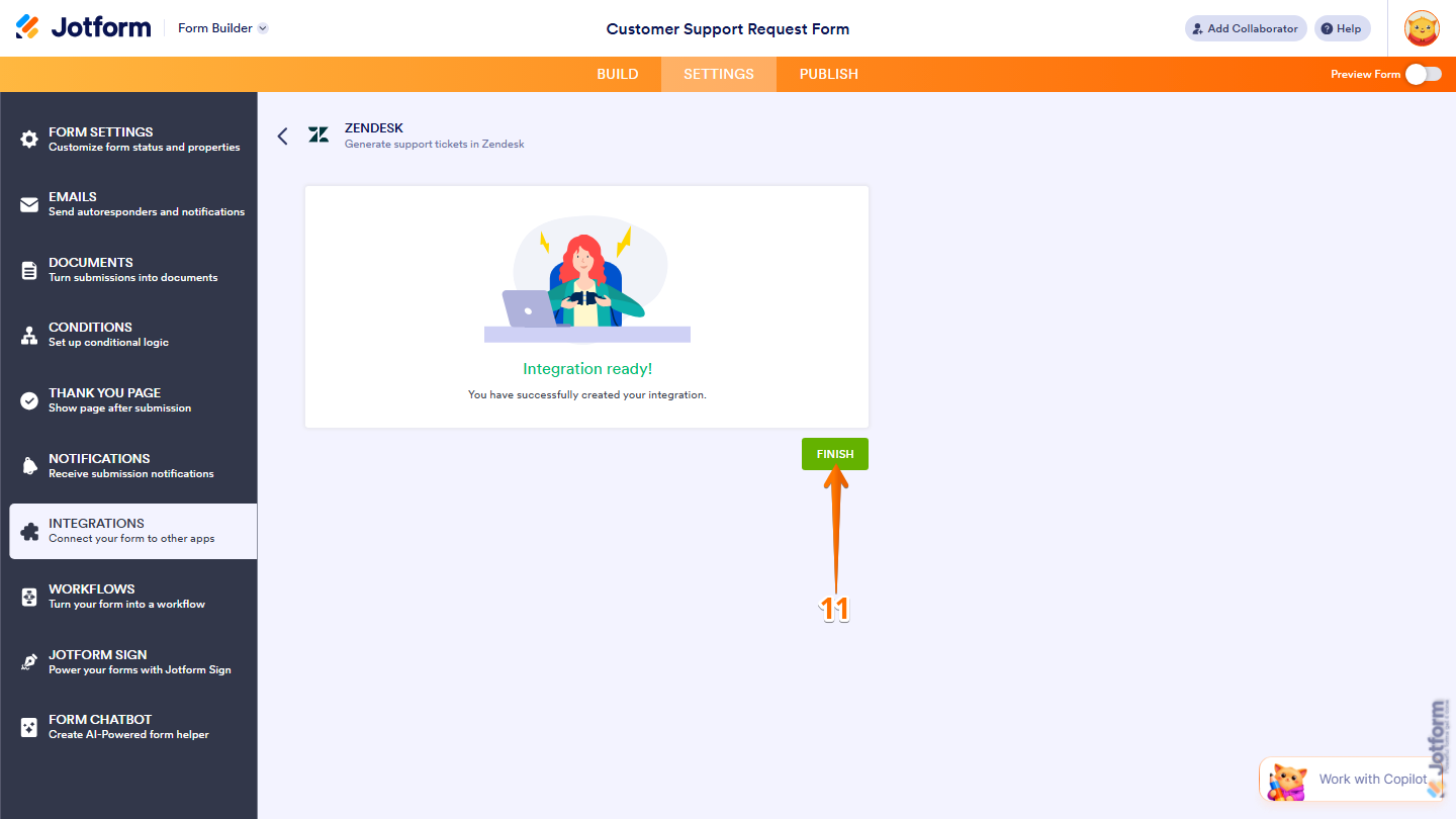 Integration setup page showing Finish button to complete Zendesk integration in Jotform