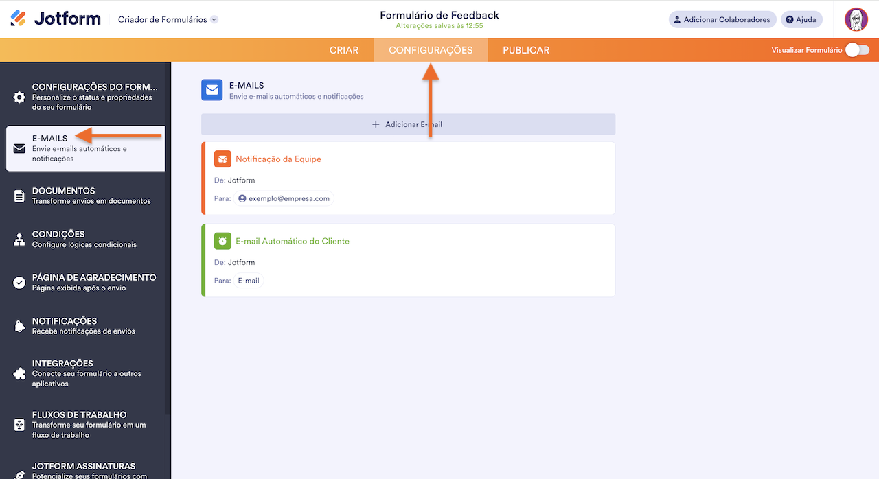 Aba E-mails no Criador de Formulários