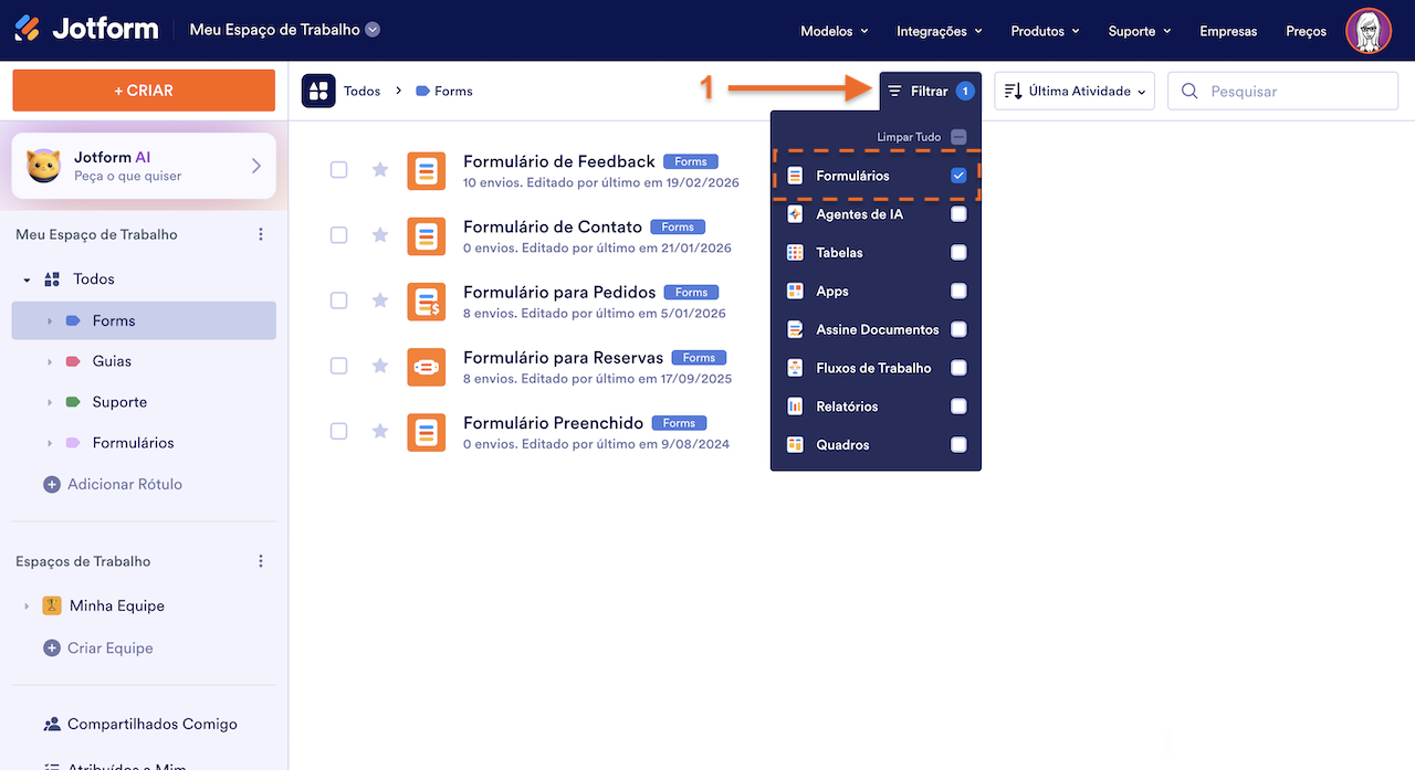 Filtrando Ativos na página Meu Espaço de Trabalho