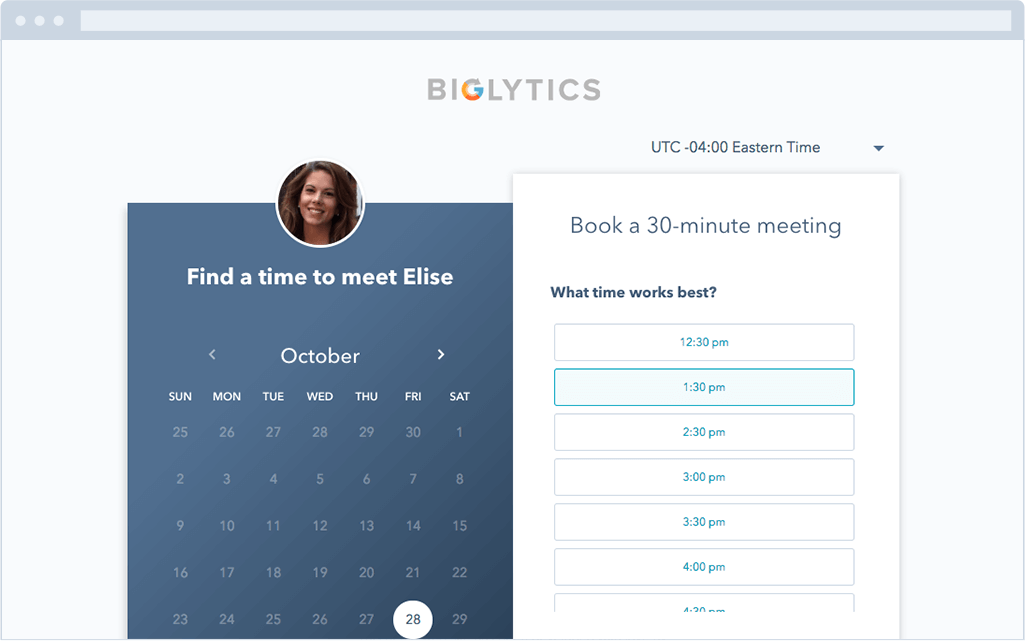 Bilytics scheduling interface showing a calendar and available time slots to book a 30-minute meeting