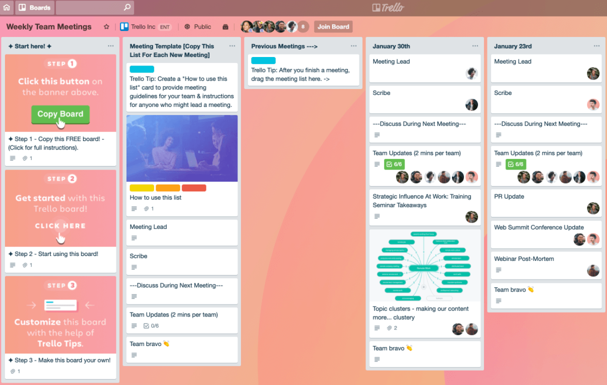 Trello board for weekly team meetings with columns for meeting templates, team updates, and discussion topics