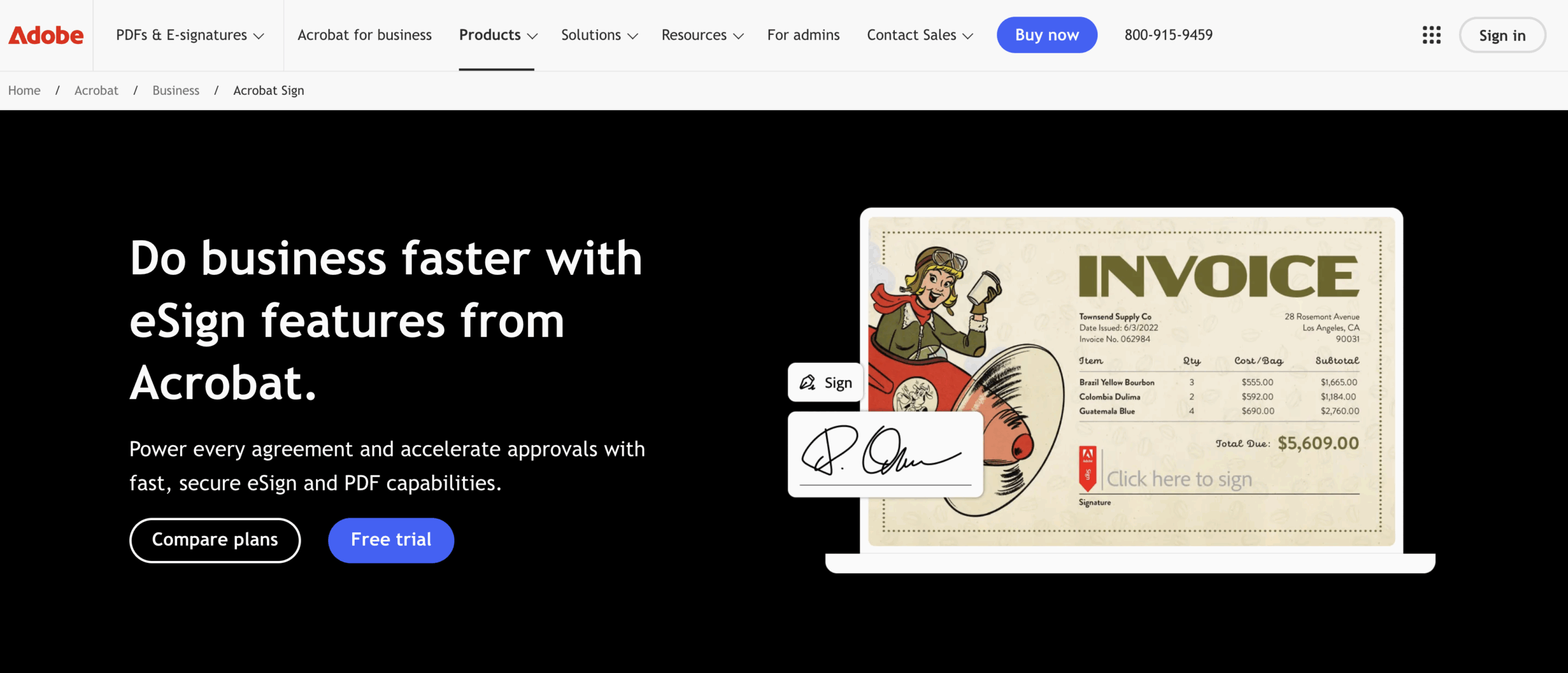 Screenshot of Adobe Acrobat Sign's landing page, showing a headline "Do business faster with eSign features from Acrobat"