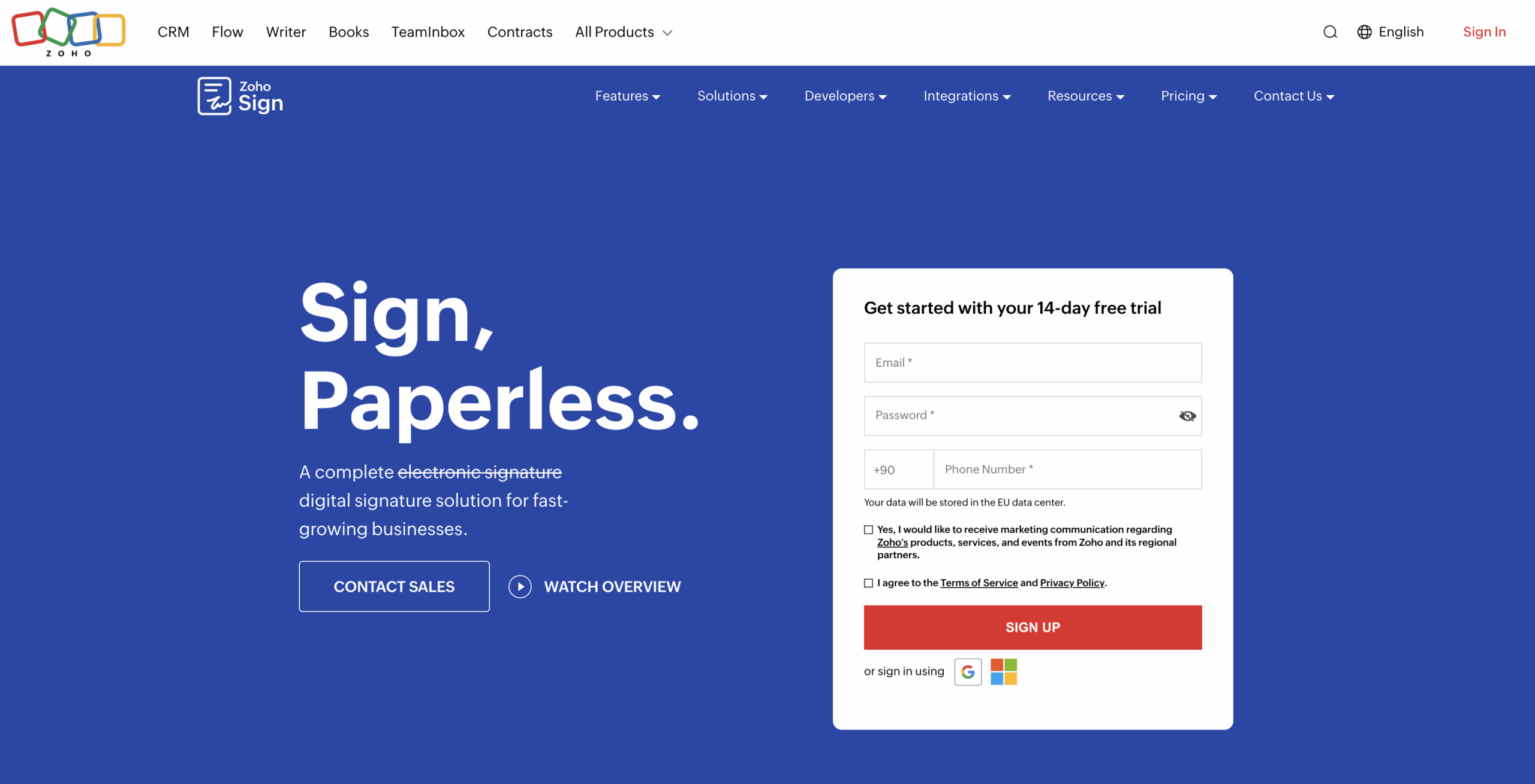 Interfaz de usuario de Zoho Sign