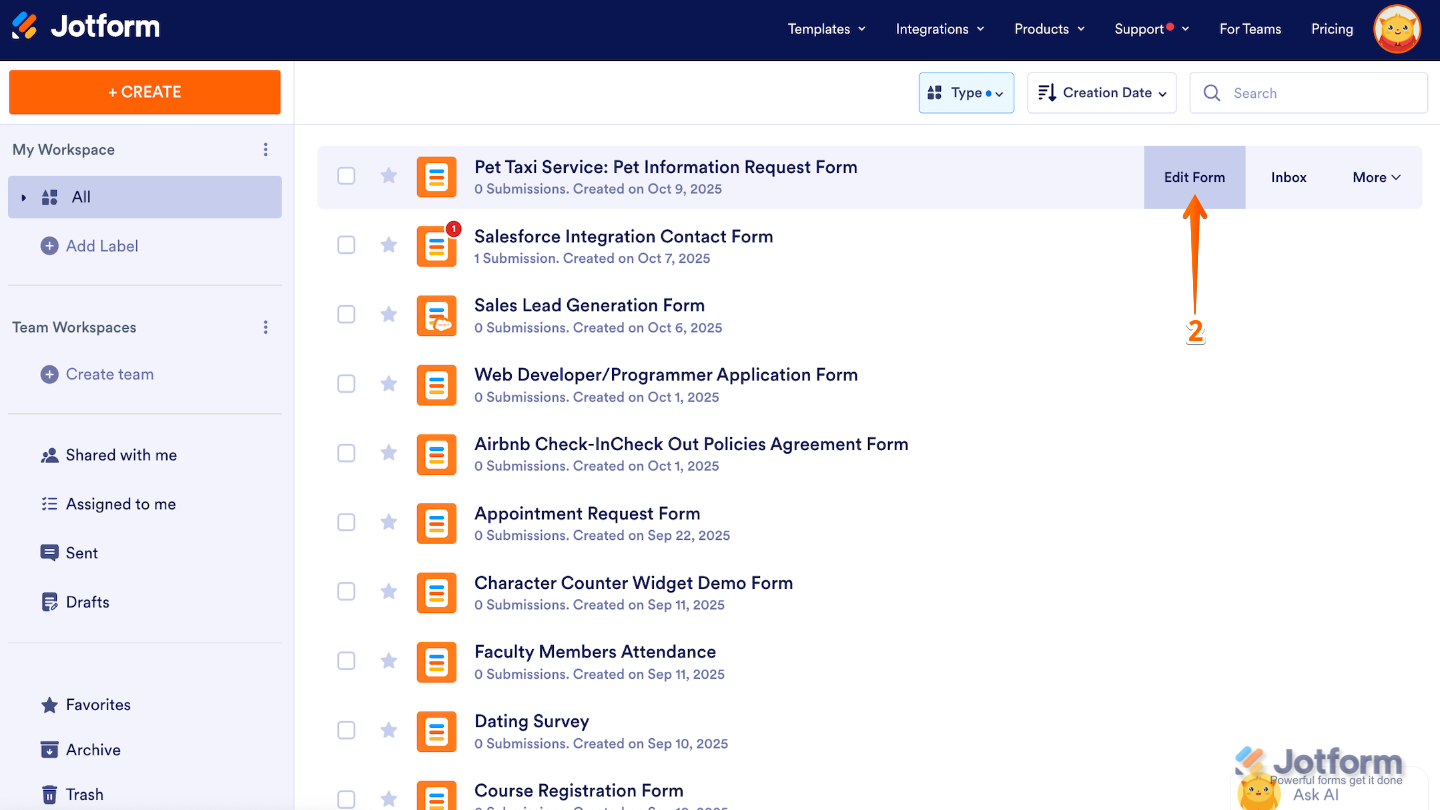 Hovering over a form in Jotform Workspace and clicking Edit Form on the right side to open it in Form Builder