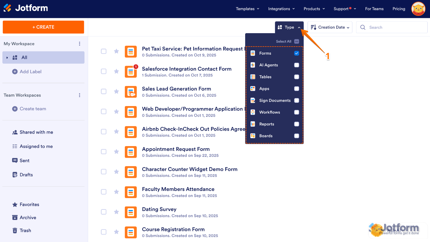 Jotform Workspace page showing the Type dropdown menu with only the Forms option checked