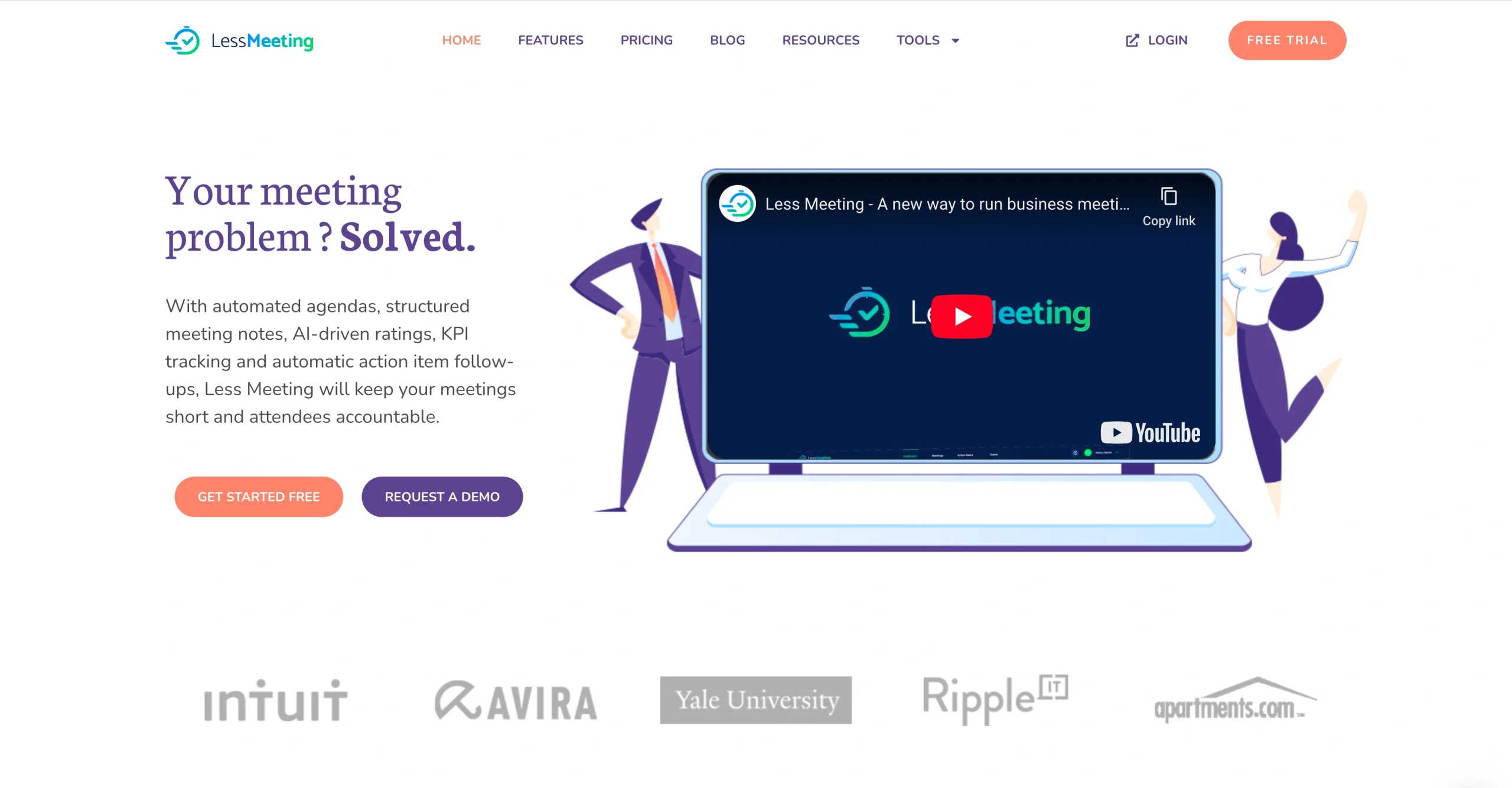LessMeeting homepage showing a headline about solving meeting problems with automated agendas, notes, KPI tracking, and action item follow-ups