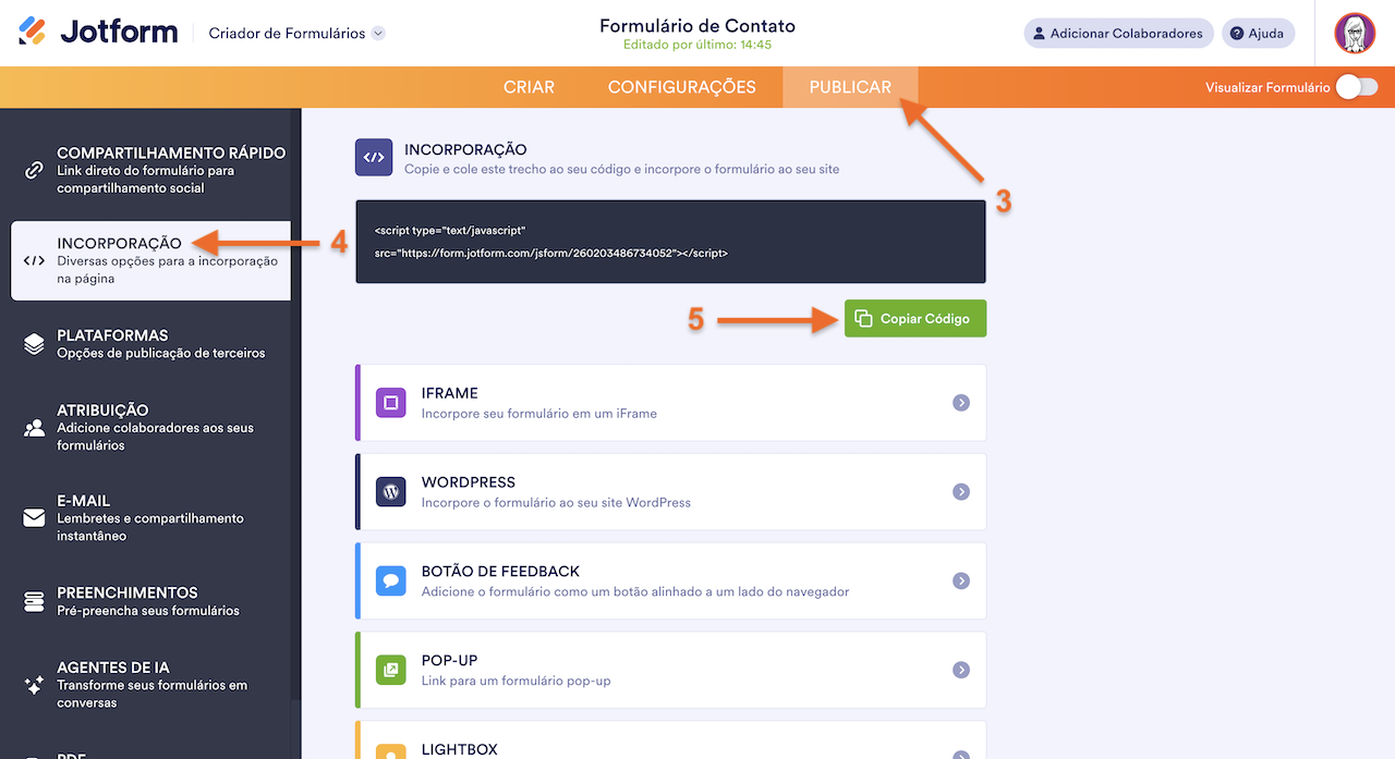 Acessando Código de Incorporação