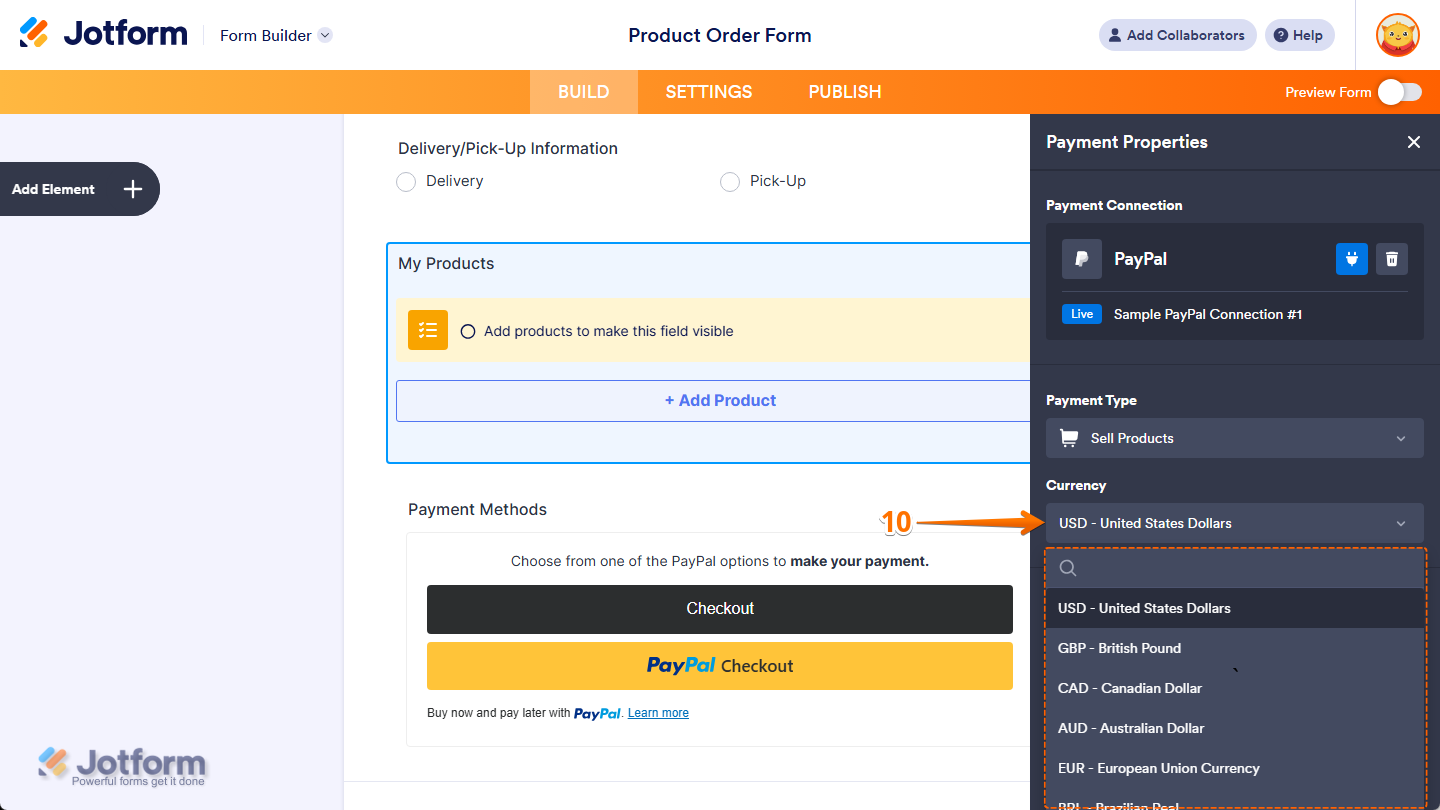 Currency setting in the Payment Properties menu of the PayPal Payment field in Jotform Form Builder