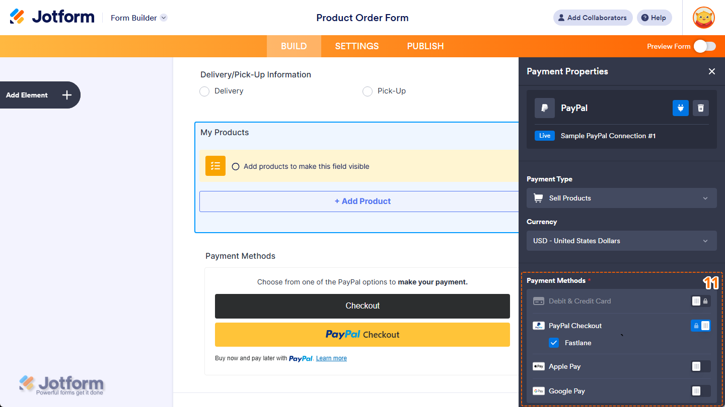 Payment Methods setting in the Payment Properties menu of the PayPal Payment field in Jotform Form Builder