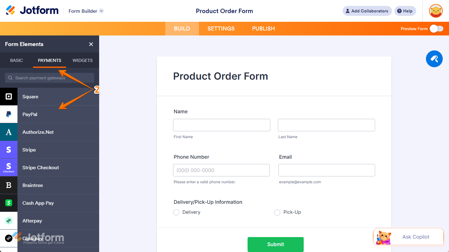 PayPal element under the Payments tab of the Form Elements menu in Jotform Form Builder