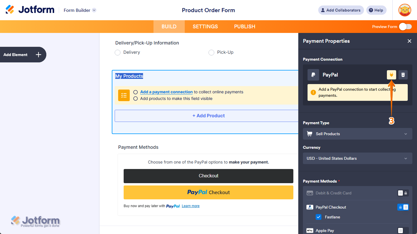 Plug icon in the Payment Connection section in the Payment Properties menu of the PayPal Payment field in Jotform Form Builder
