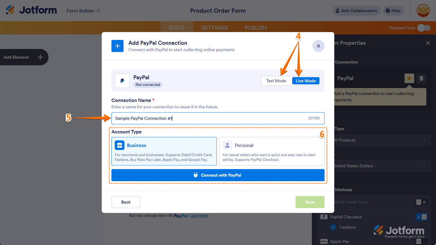 Test or Live Mode options and Connection Name setting in the Add PayPal Connection window in Jotform Form Builder