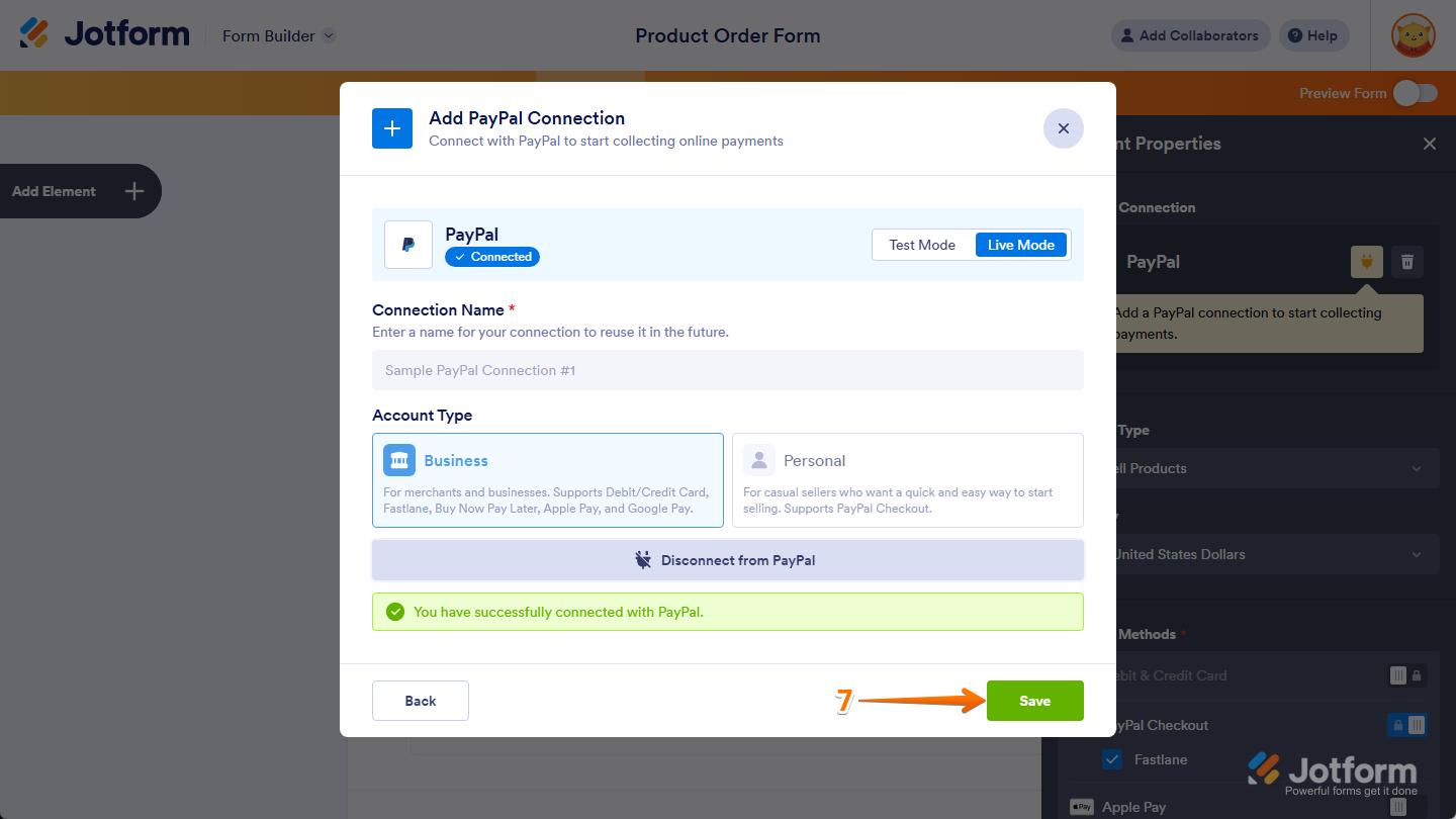 Save button in the Payment Connections window in Jotform Form Builder