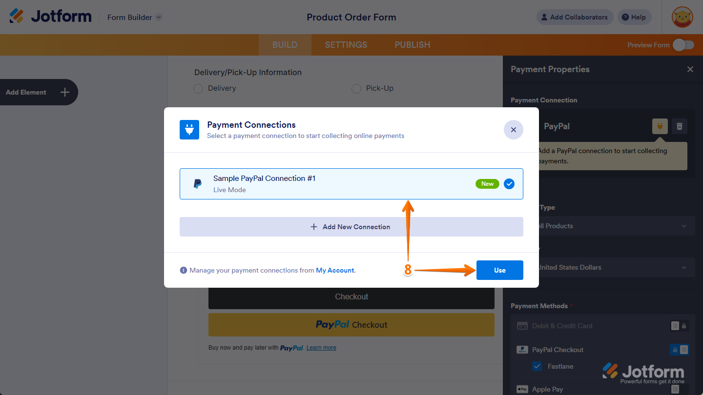 New PayPal Payment Connection and Use button in the Payment Connections window in Jotform Form Builder