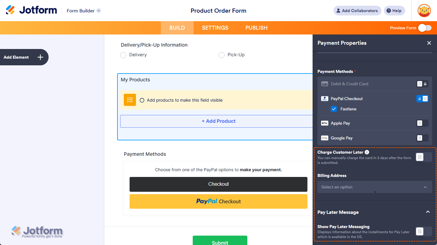 Other gateway settings in the Payment Properties menu of the PayPal Payment field in Jotform Form Builder