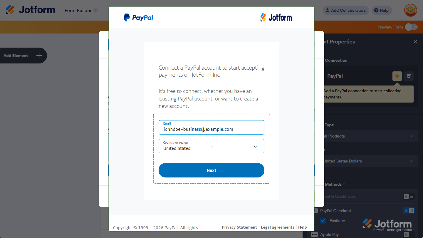 PayPal Login page in the PayPal window in Jotform Form Builder