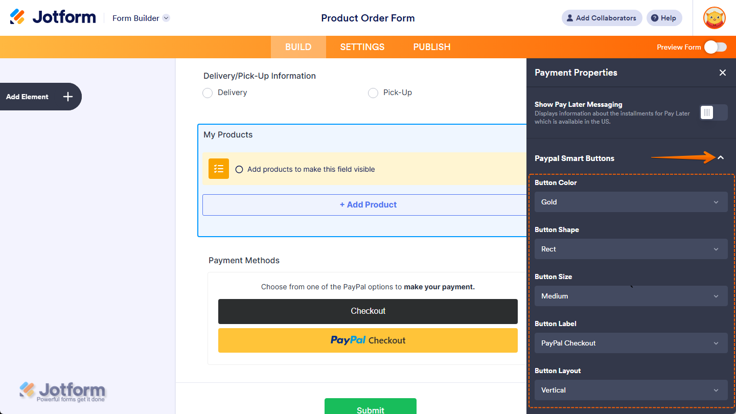 Different PayPal Smart Buttons setting in the Payment Properties menu of the PayPal Payment field in Jotform Form Builder