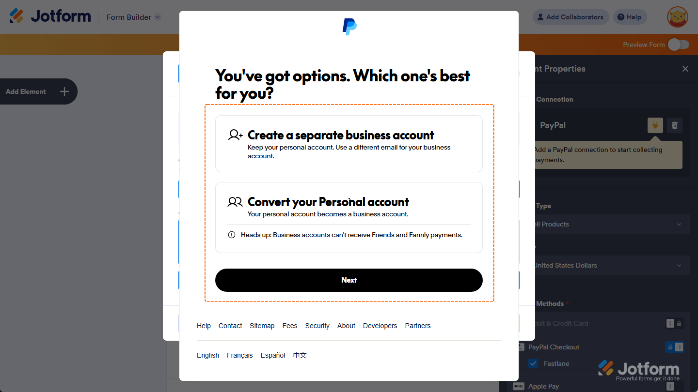 Create or Convert PayPal Personal Account to Business Account options in the PayPal window in Jotform Form Builder