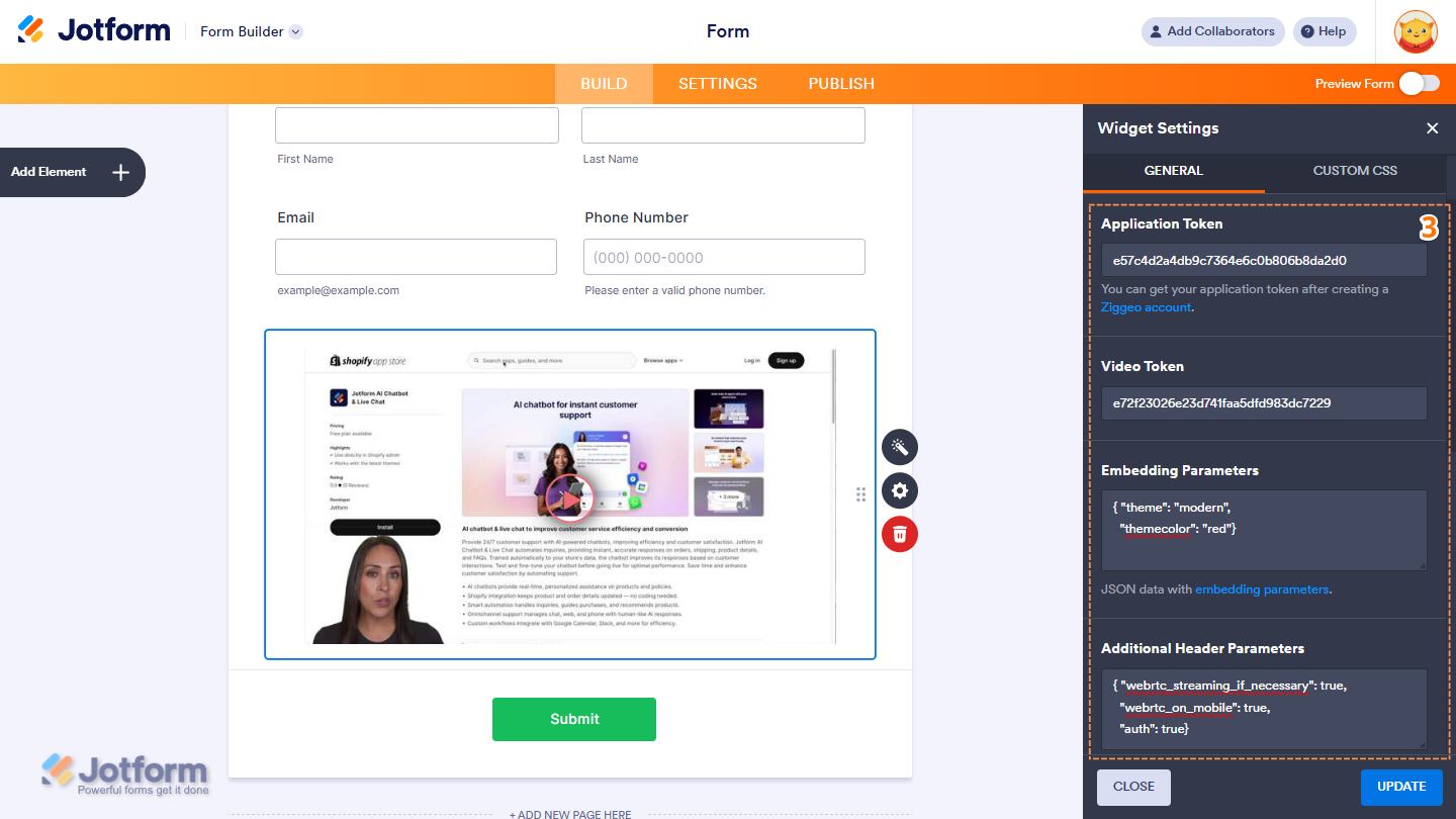 Widget Settings General tab showing Application Token Video Token and Embedding Parameters fields in Jotform