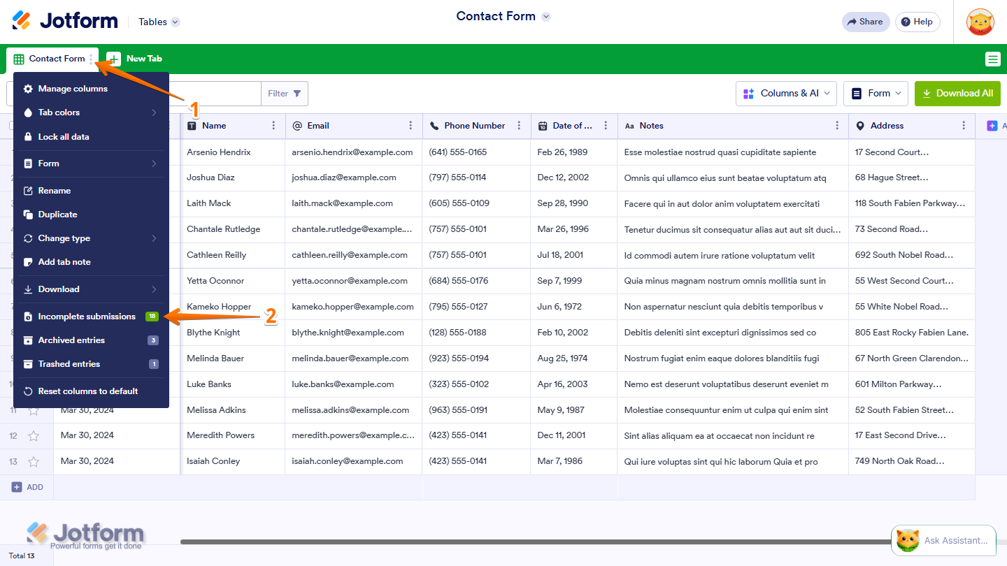 Jotform Tables page showing Three Dots menu with Incomplete Submissions option