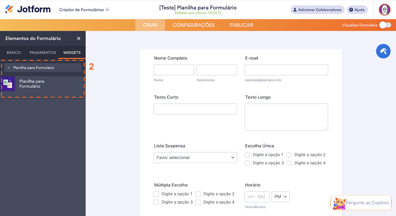 Adicionando widget Planilha para Formulário
