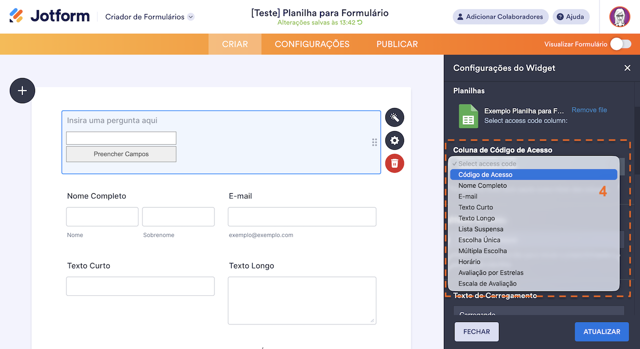 Selecionando coluna do código de acesso