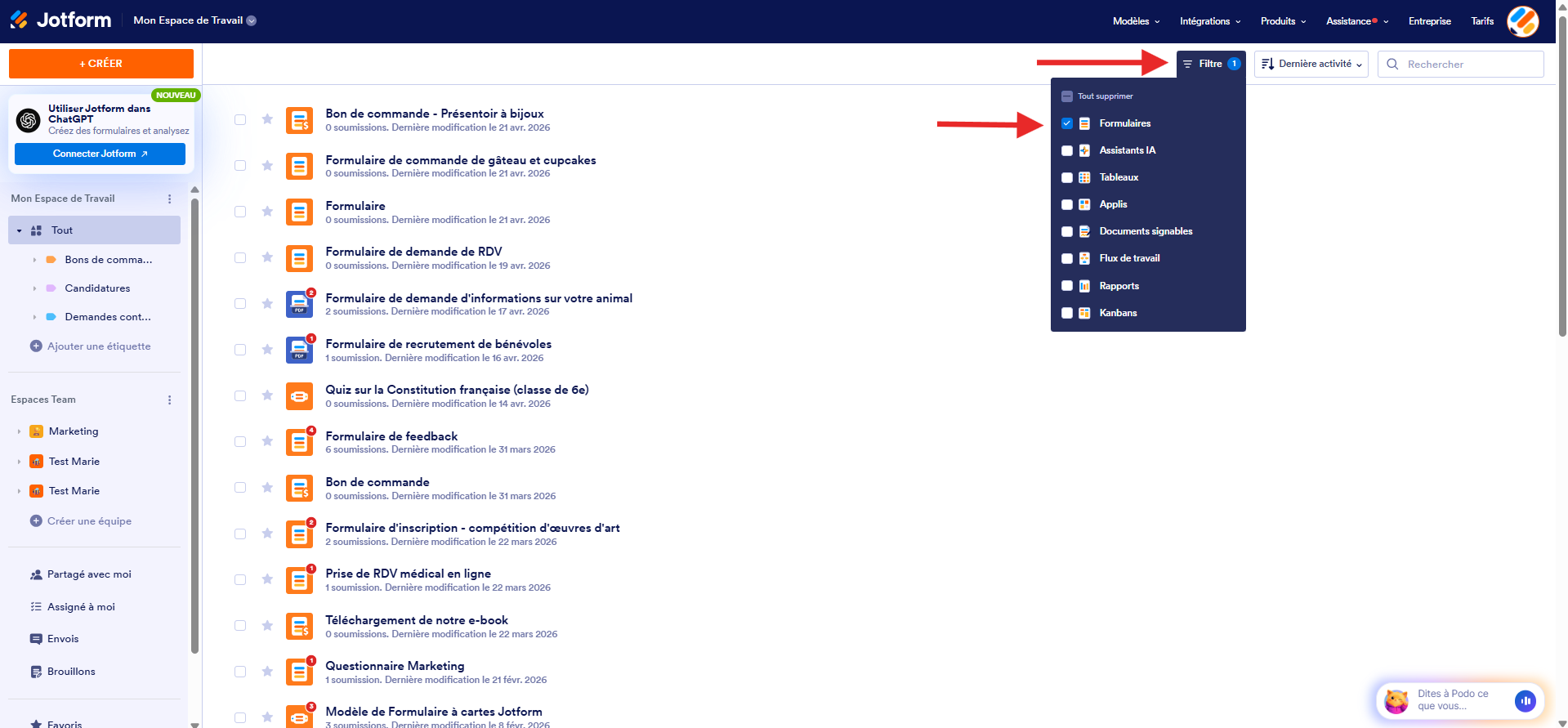 Capture d'écran de Mon Espace de Travail Jotform avec une flèche vers Filtre et une autre vers Formulaires dont la case est restée cochée
