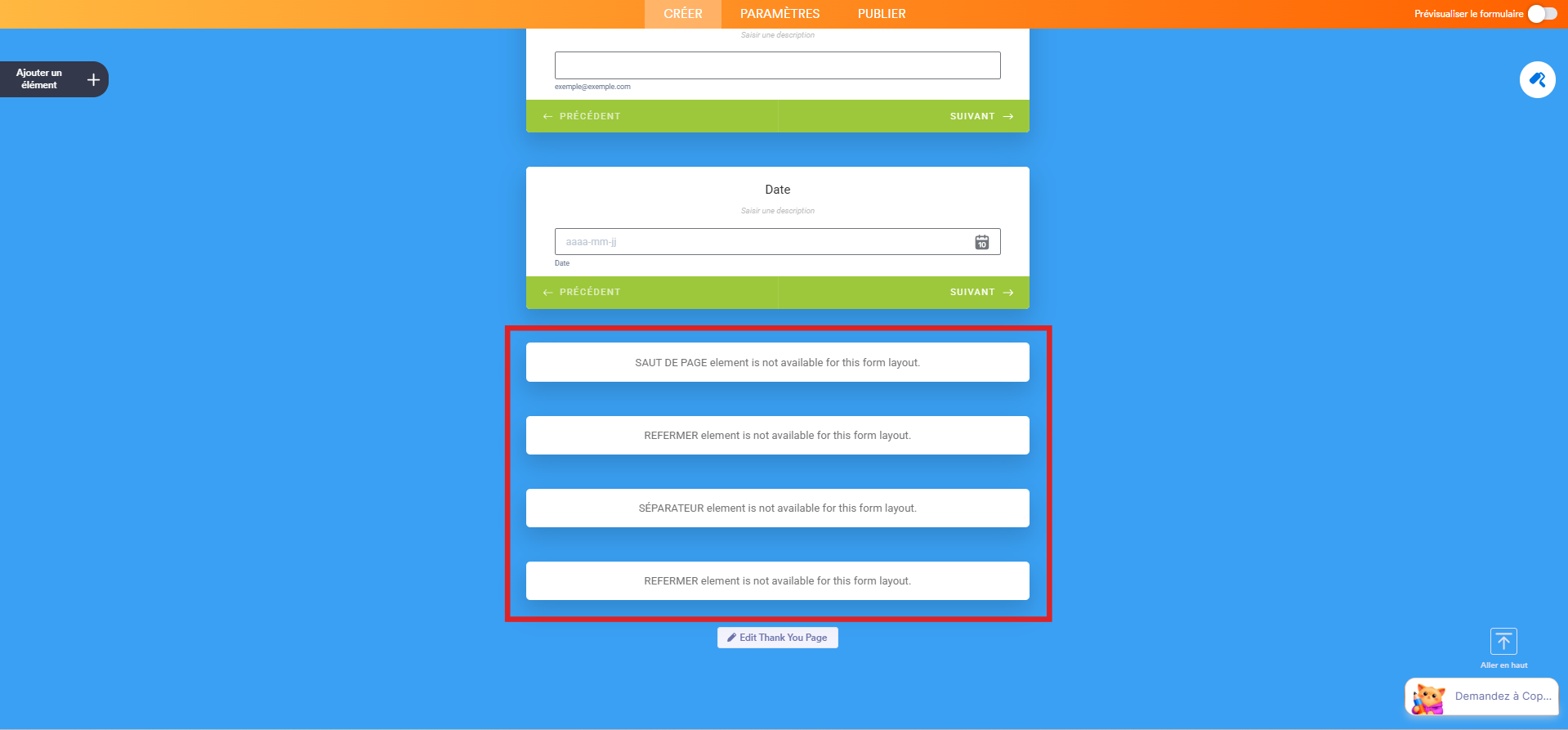 Capture d'écran d'un formulaire à cartes dans le Générateur de formulaires Jotform avec un encadré autour des messages d'erreur des champs non pris en charge d'un Formulaire classique à un Formulaire à Cartes
