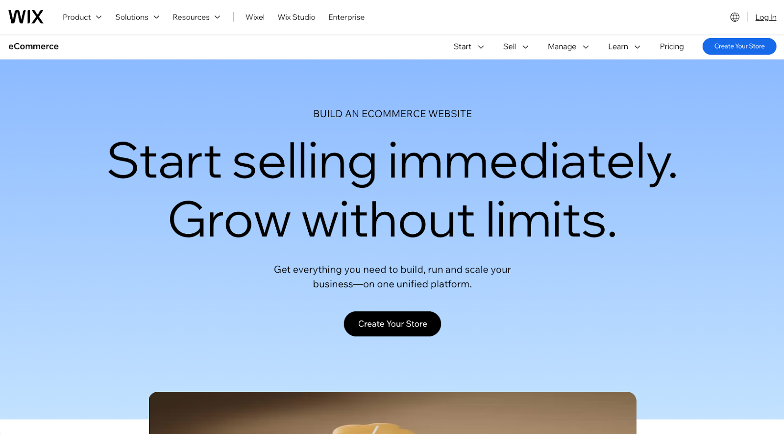 Wix eCommerce website with the words: "Start selling immediately