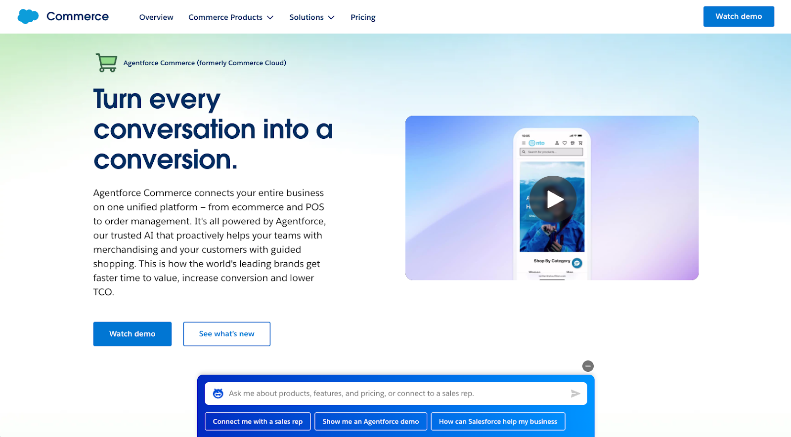 Salesforce Commerce Cloud website with the words: "Turn every conversation into a conversion"